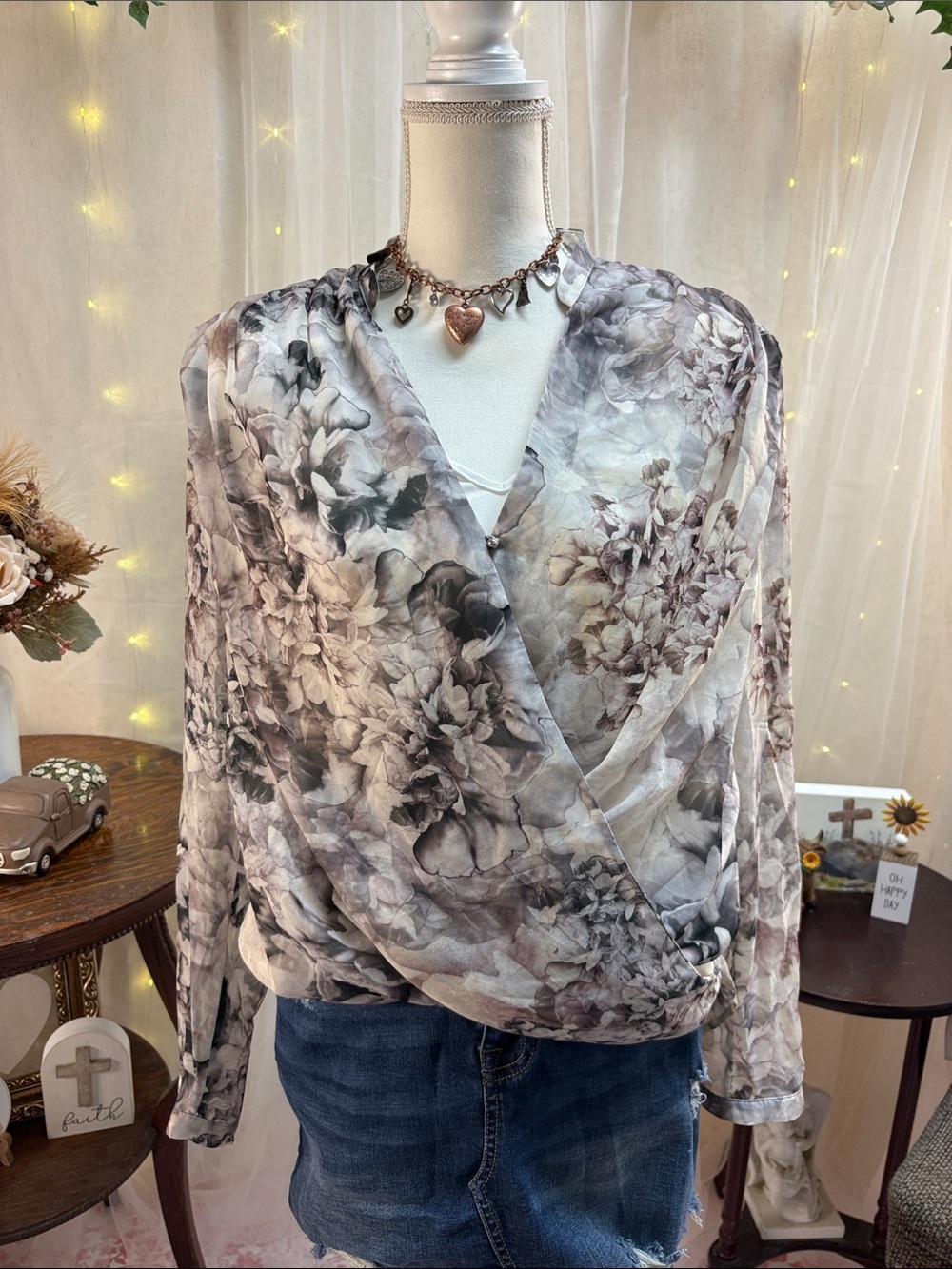Floral Wrap Blouse in Taupe and Gray - Women's Top